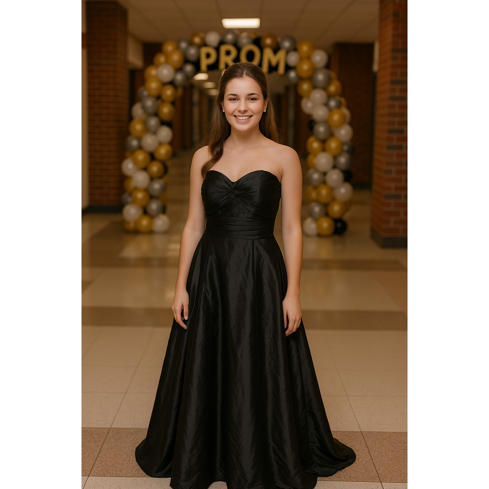 Black satin formal prom Ball gown strapless sweetheart top SZ 4 Goth wedding